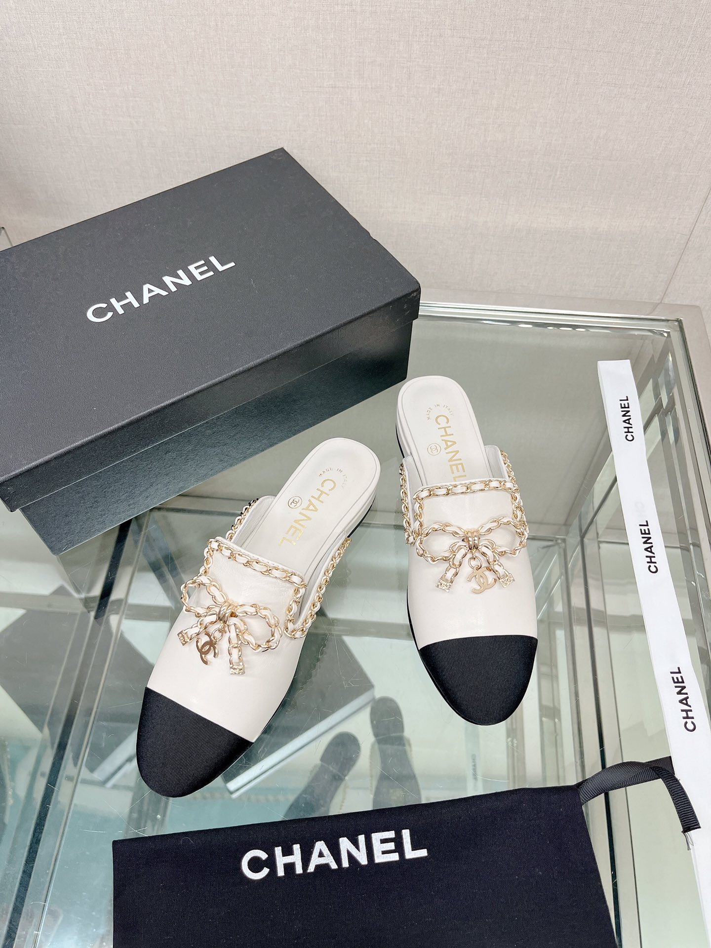 CHANEL 23Ss new chain bow half dragging mule shoes imported lambskin
