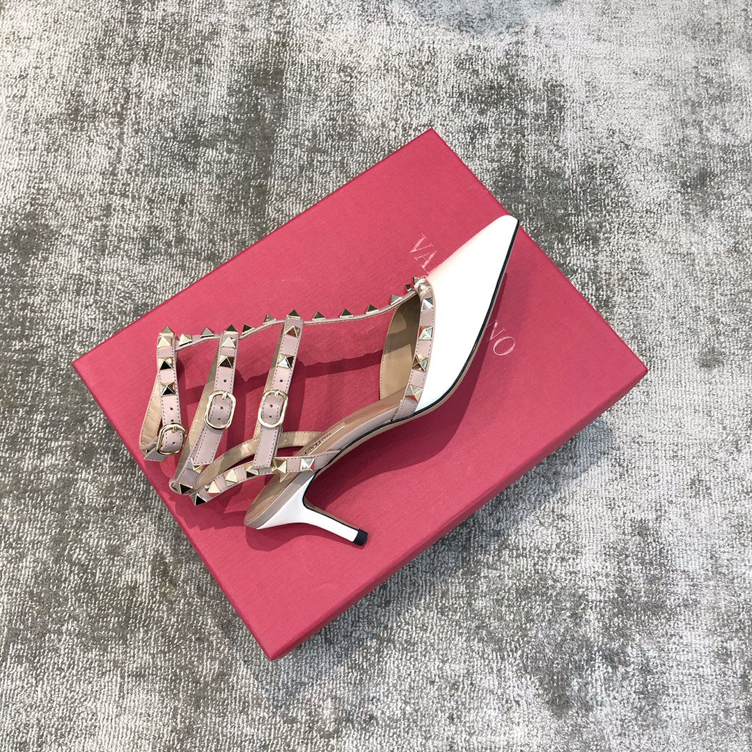 Valentino VT Collection Triple Strap Mid Heel 6.5cm Patent Leather White