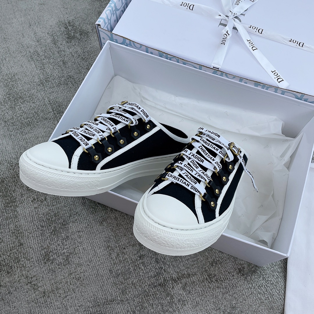 DIOR Canvas half slipper Water-dyed sheepskin lining TPU outsole Black canvas