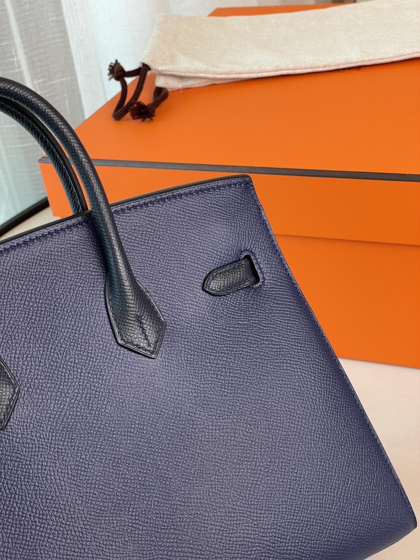 Birkin25 outer seam gemstone blue with midnight blue epsom leather horseshoe engraving