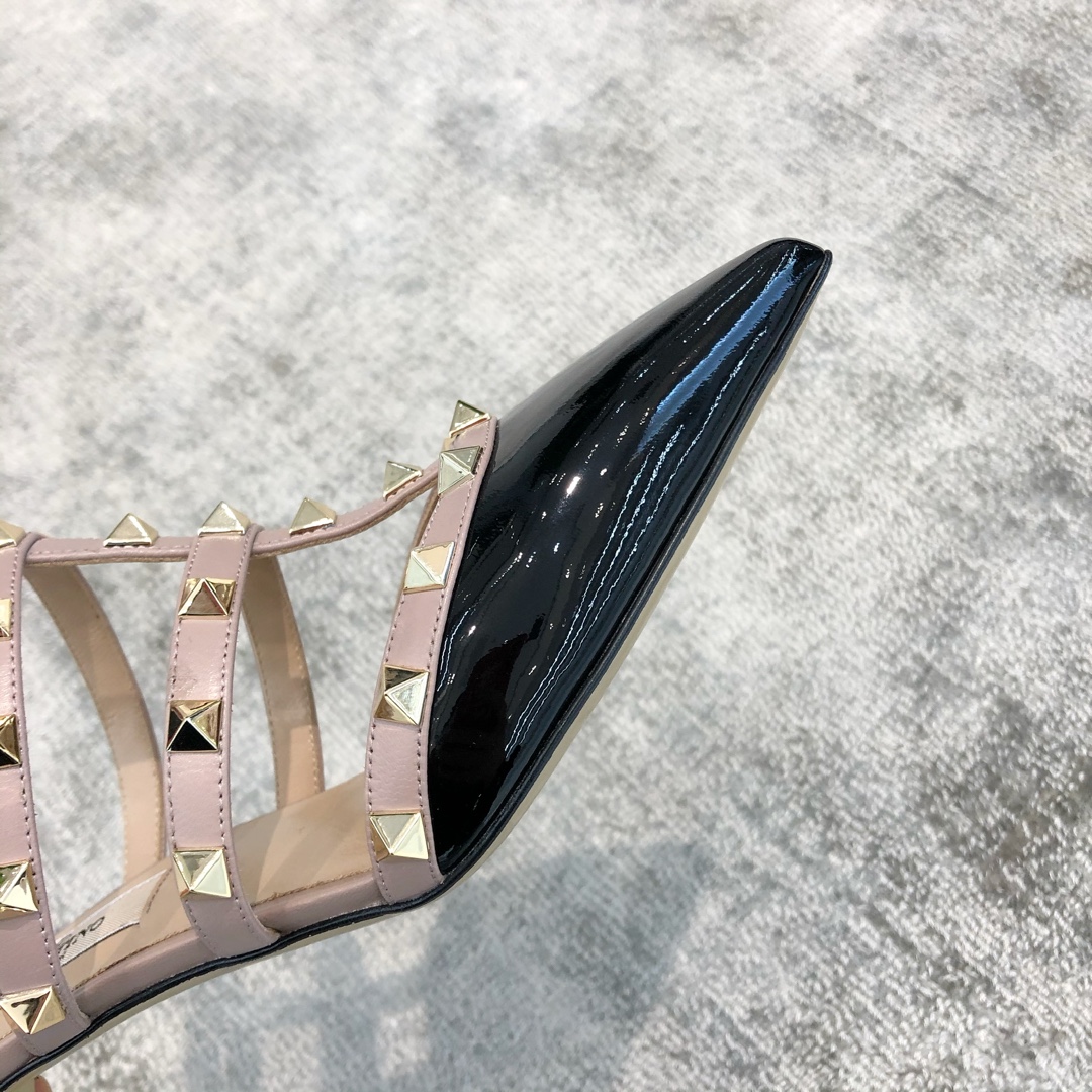 Valentino VT Collection Triple Strap Mid Heel Slipper 6.5CM Patent Leather Black