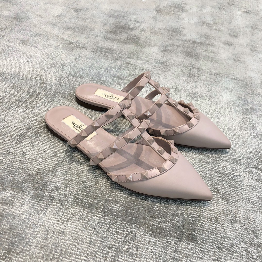 Valentino VT Three Strap Flat Heel Slipper Nude Pink