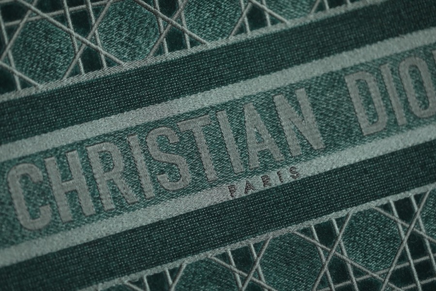 DIOR TOTE embroidered vine check pattern dark green velvet