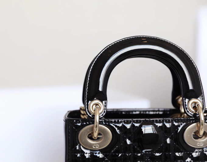 Black Gold  Lady Dior vine check patent leather cow leather mini handbag