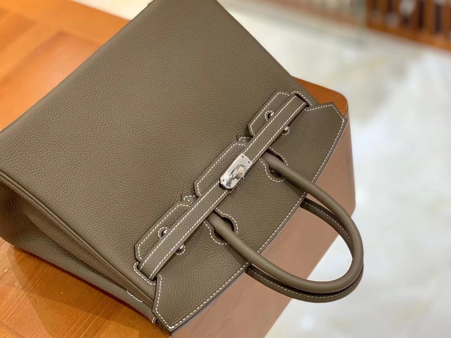 Birkin Elephant Grey Silver Buckle togo leather French original beeswax thread