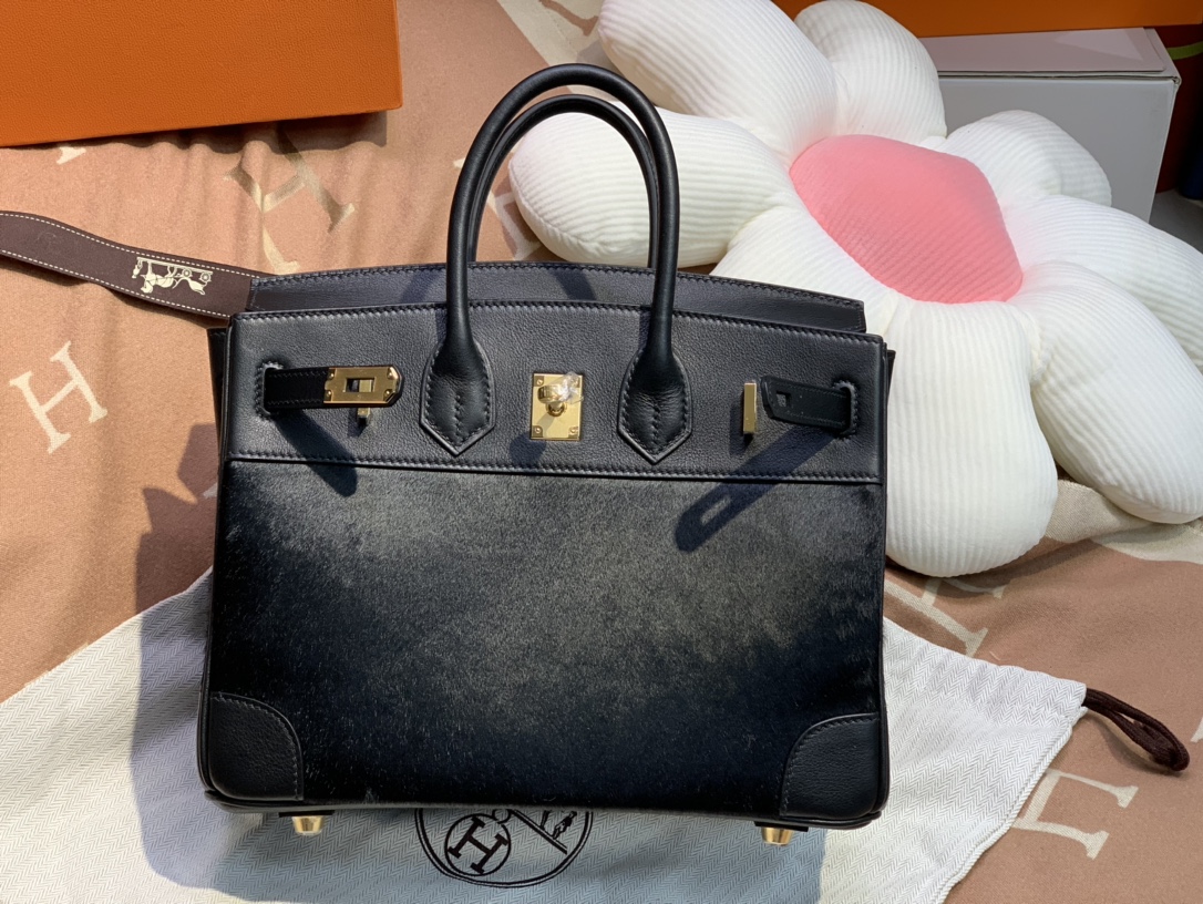 birkin25cm Imported fetal cow hair ➕ Black swift Full handmade gold buckle