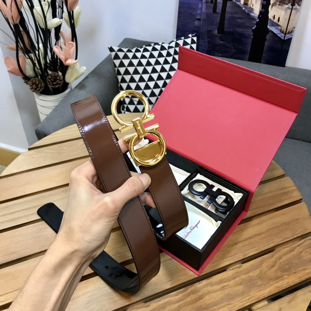 FERRAGAMO high-gloss series, double-button gift box, dual-purpose belt, high-quality pure copper buckle