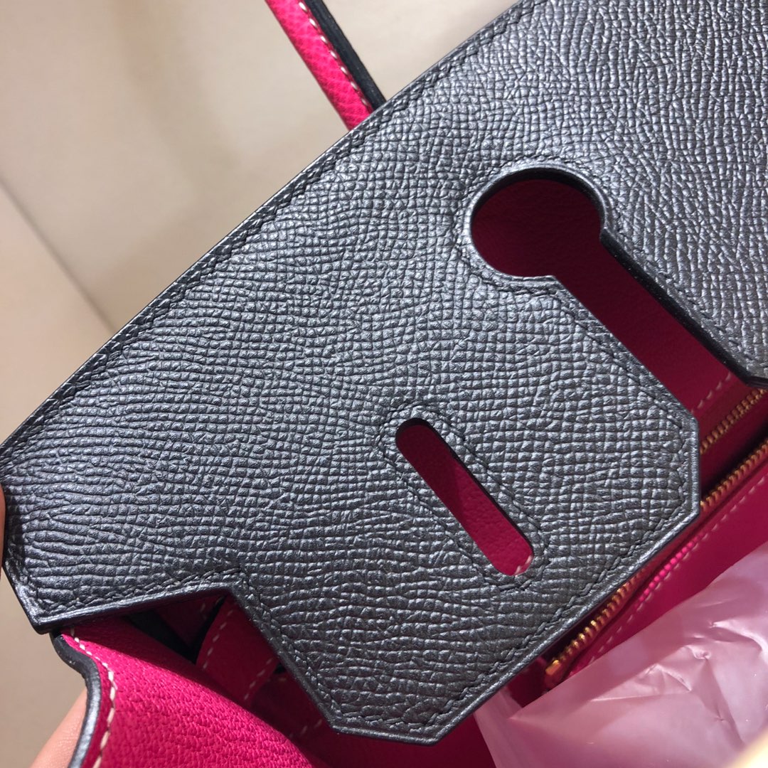 Birkin 30Cm Epsom 89 Noir Black spell E5 Rose Tyrien Rose gold buckle Top craftsmanship Hand-stitched waxed thread