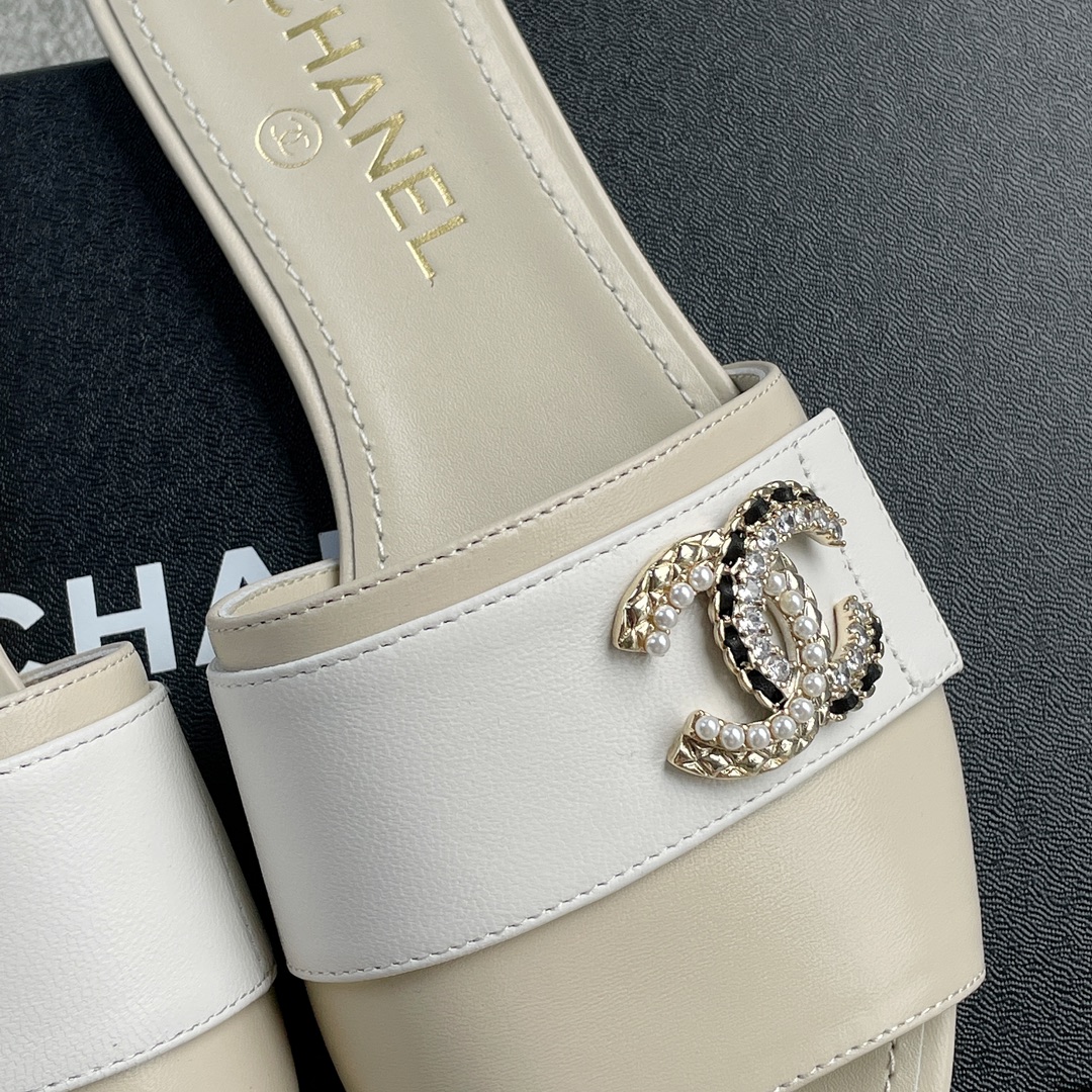 CHANEL Chanel slippers pearl leather strips and small diamond combination imported A grade sheepskin