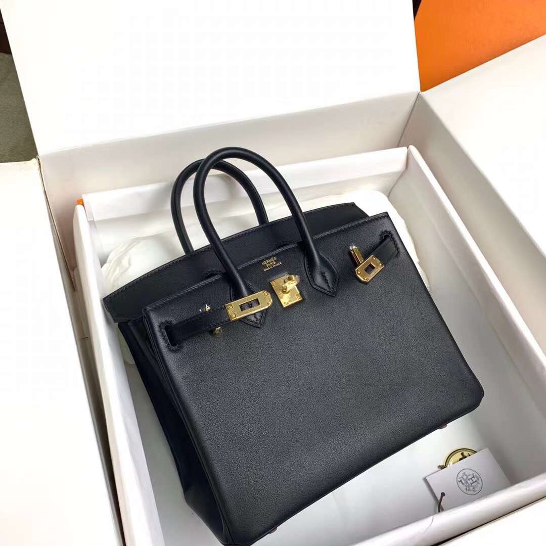 Birkin 25cm black gold buckle silver buckle Original swift calfskin top craftsmanship beeswax thread handmade