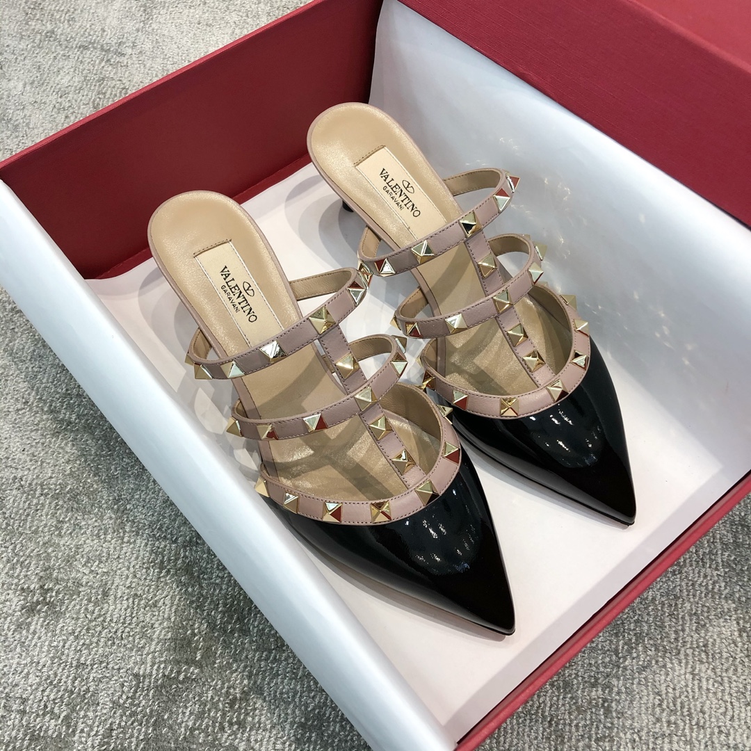 Valentino VT Collection Triple Strap Mid Heel Slipper 6.5CM Patent Leather Black