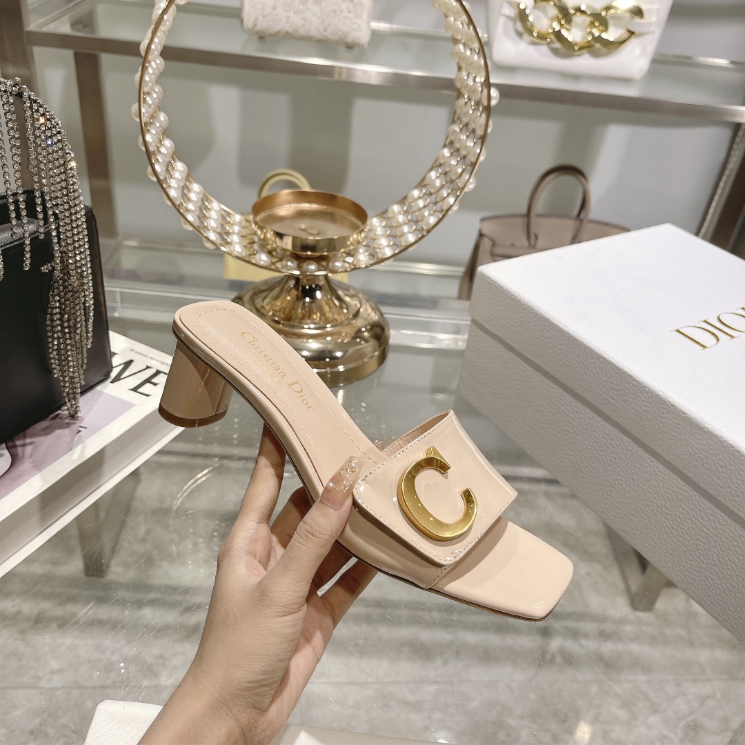 DIOR 2023 New early spring sandals Imported cow patent leather ➕ Korean suede Sheepskin lining 4.5cm Apricot