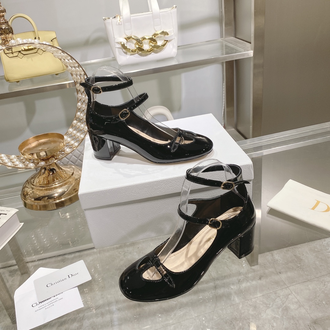 DIOR Retro Fashion Cutout Double Buckle Chunky Heel Mary Jane Shoes 6.5cm Black