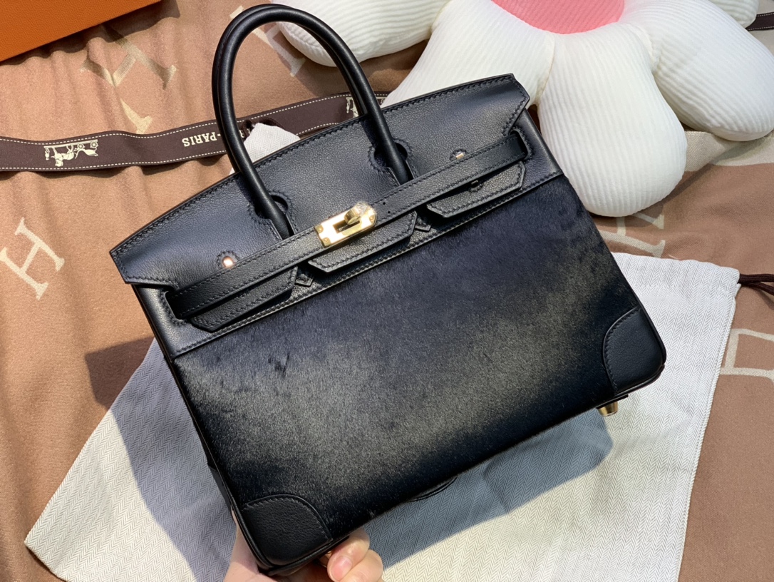 birkin25cm Imported fetal cow hair ➕ Black swift Full handmade gold buckle