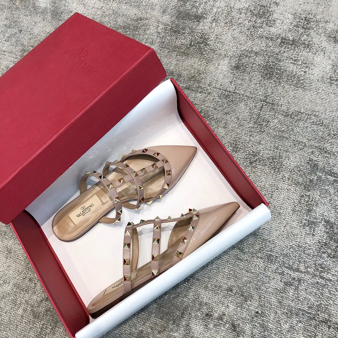 Valentino VT Collection Three Strap Flat Heel Slipper Patent Leather Nude Pink