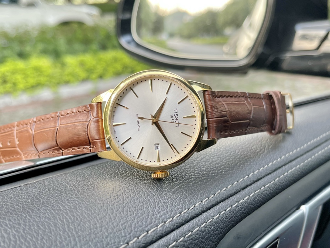 Tissot sapphire glass mirror 316 steel original double button butterfly buckle/genuine leather belt