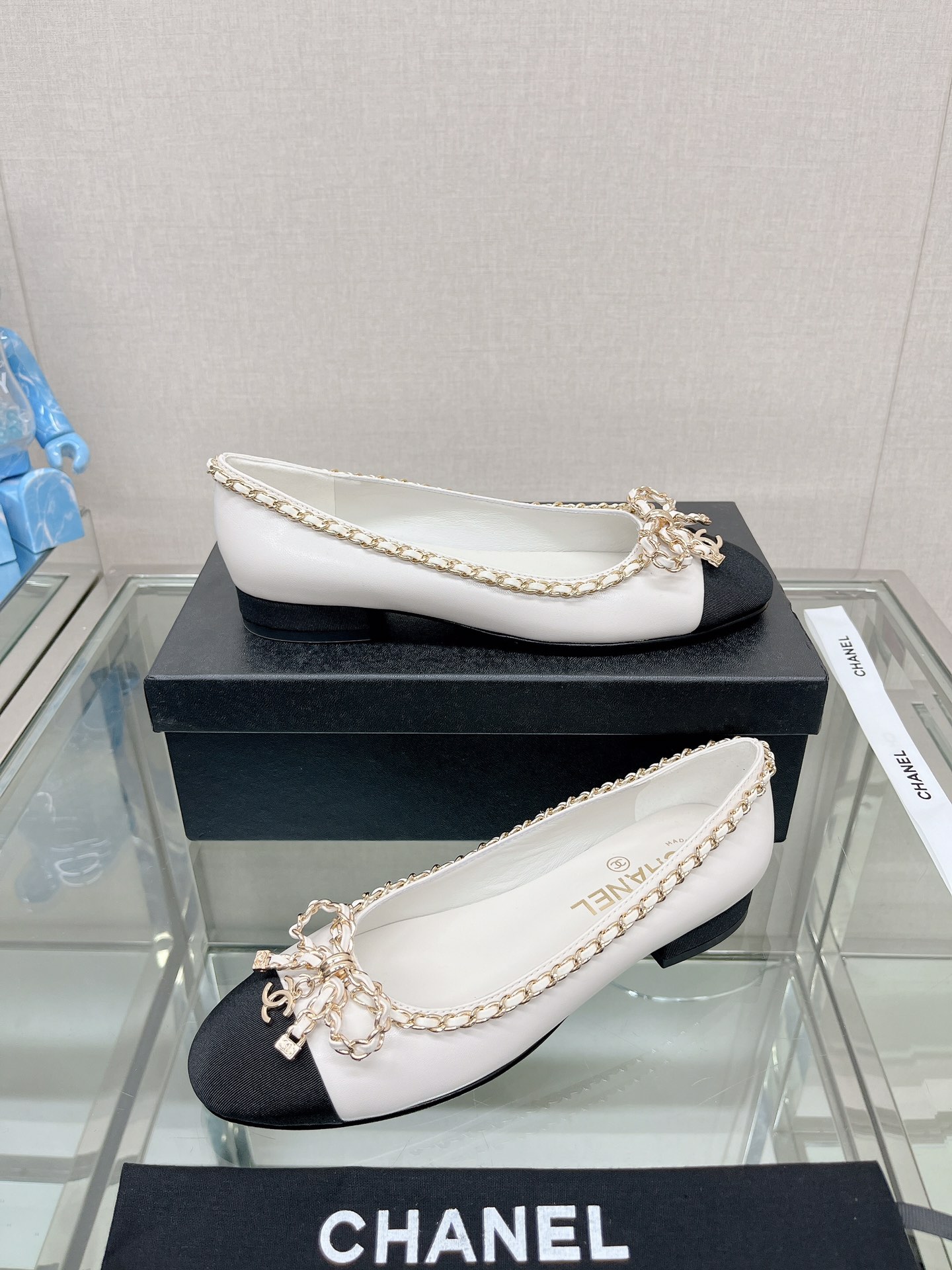 CHANEL 23Ss chain bow flat single shoes imported lambskin sheepskin lining