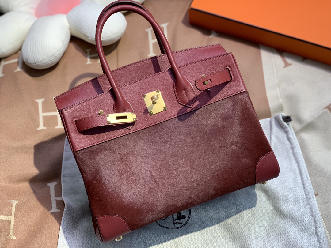 birkin30/25 burgundy imported fetal cow hair spelling swift all handmade gold buckle