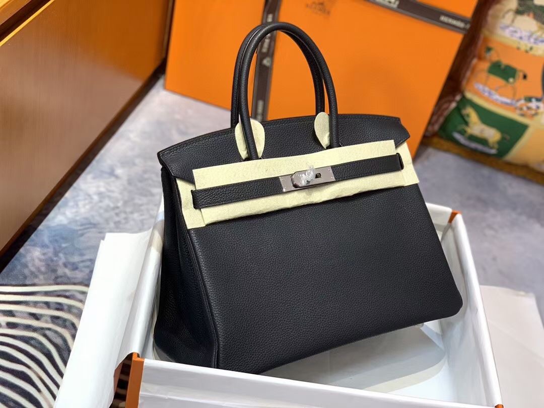 Birkin 30cm Black Silver buckle Imported Togo leather Beeswax thread stitching