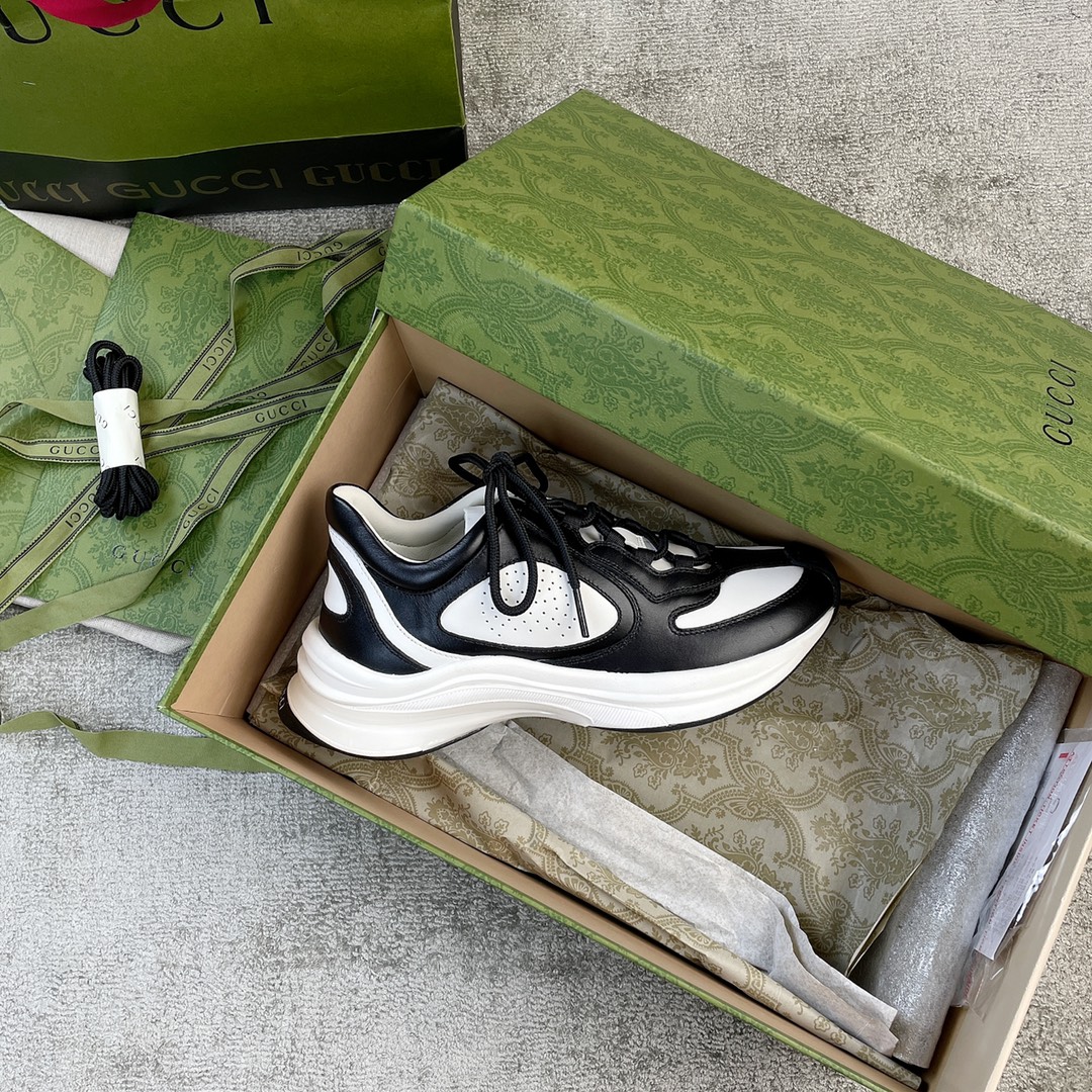 Gucci RUN all-leather cowhide sheepskin running shoes black and white