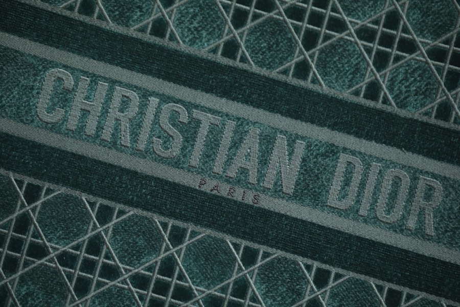 DIOR TOTE embroidered vine check pattern dark green velvet