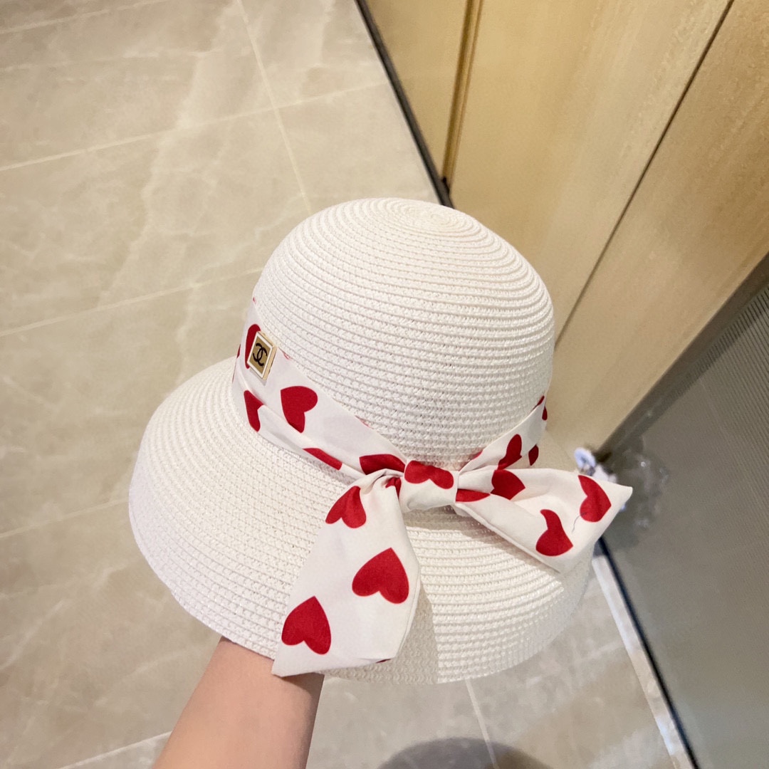 CHANEL Love Ribbon All-match Pot Hat Straw Hat