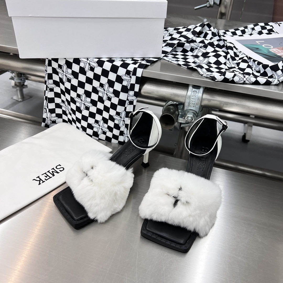 𝐒𝐌𝐅𝐊 ｜𝟐𝟎𝟐𝟐/𝐒𝐒 𝐧𝐞𝐰 SMFK 2022 Cross Flower First One Strap Thin Heel Cross Otter Rabbit Fur Sandals