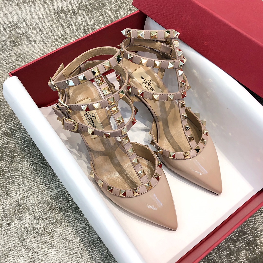 Valentino VT Collection Triple Strap Mid Heel 6.5cm Patent Leather Nude Pink