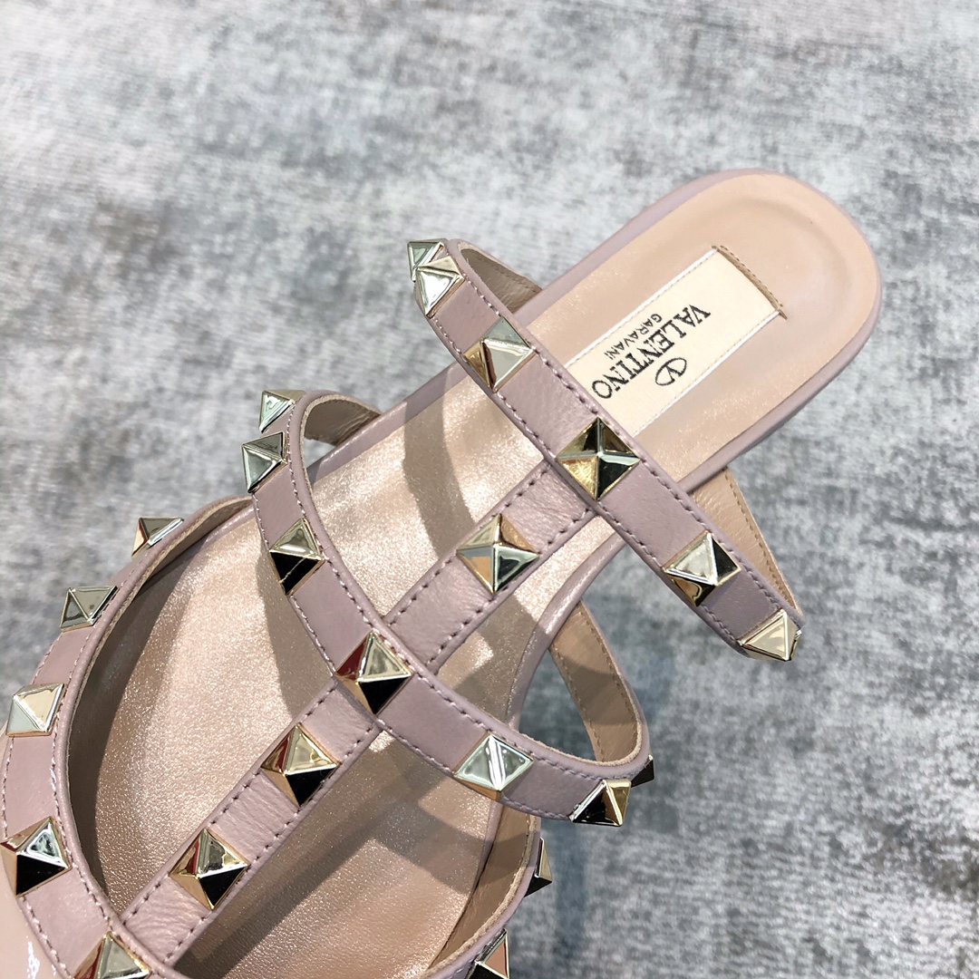 Valentino VT Collection Three Strap Flat Heel Slipper Patent Leather Nude Pink