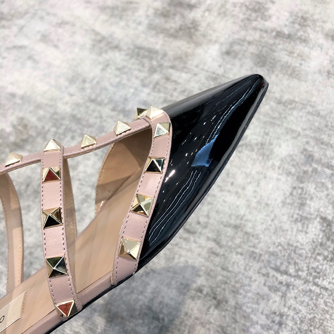 Valentino VT Collection Three Strap Flat Heel Slipper Patent Leather Black