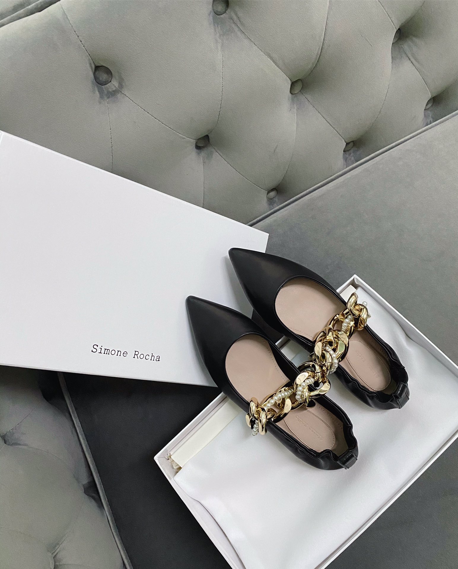 Simone rocha chain flat single shoes new season's most fashionable pearl chain series