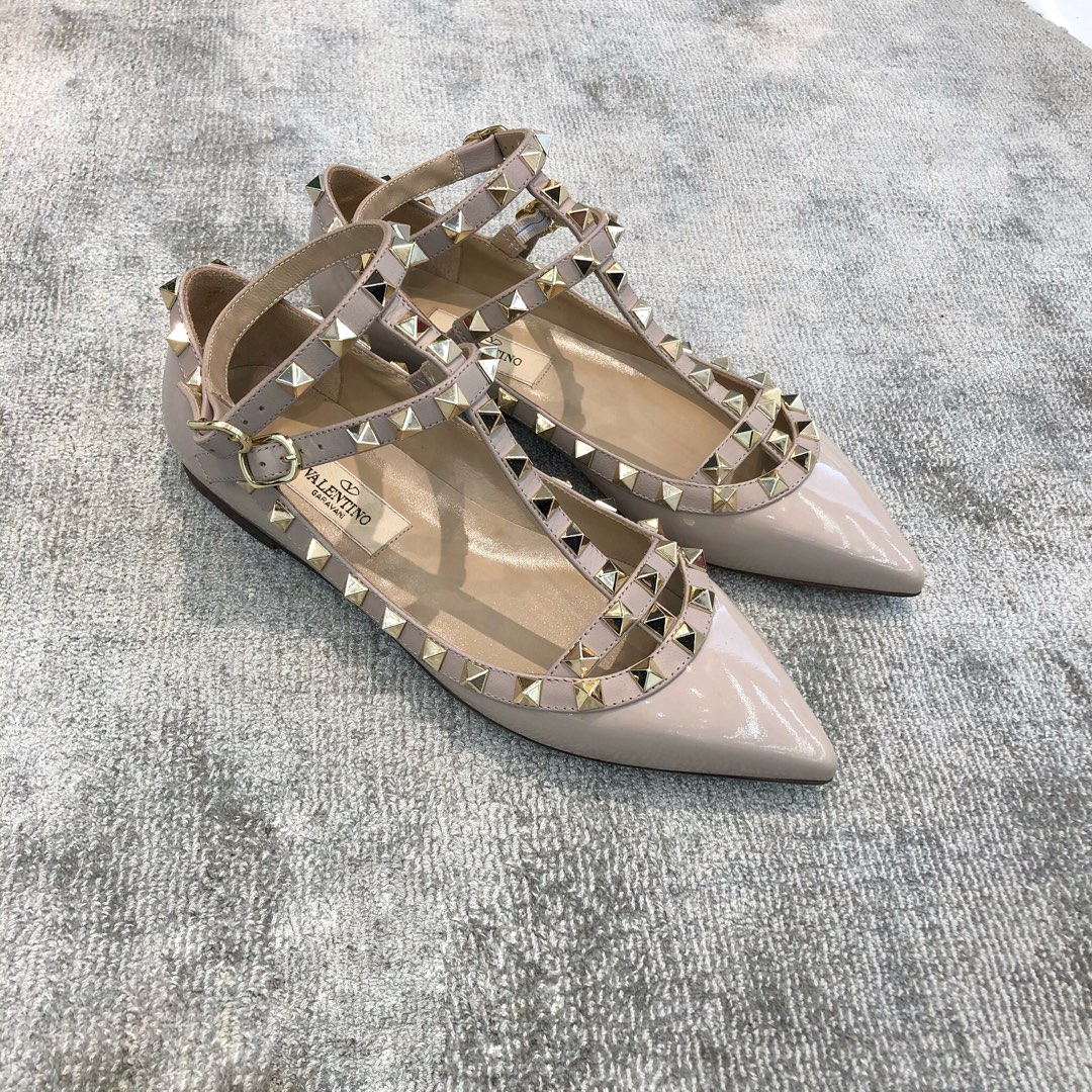 Valentino VT Two Strap Flats Patent Leather Nude Pink