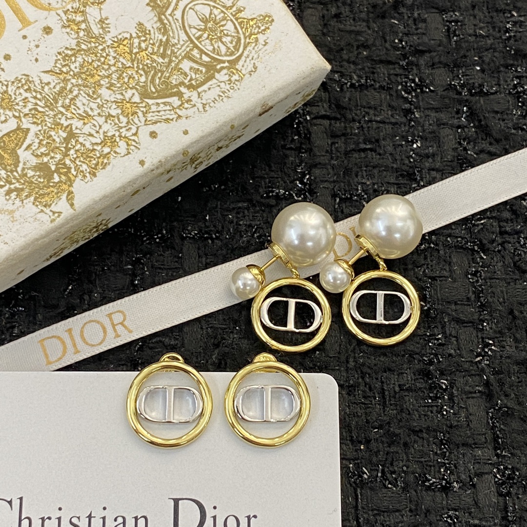 Dior Double Bead Round White Gold CD Pendant Stud Earrings