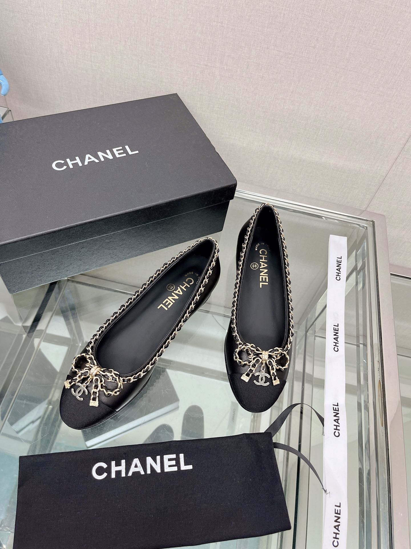 CHANEL 23Ss chain bow flat single shoes imported lambskin sheepskin lining