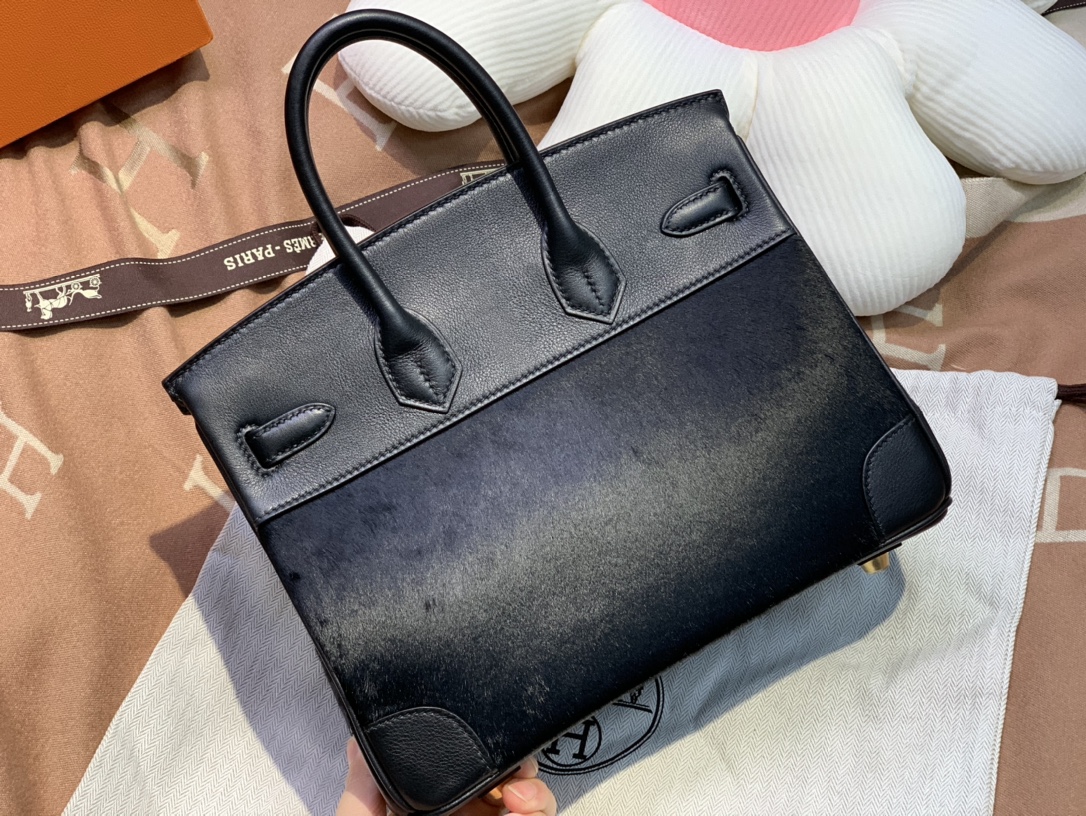 birkin25cm Imported fetal cow hair ➕ Black swift Full handmade gold buckle
