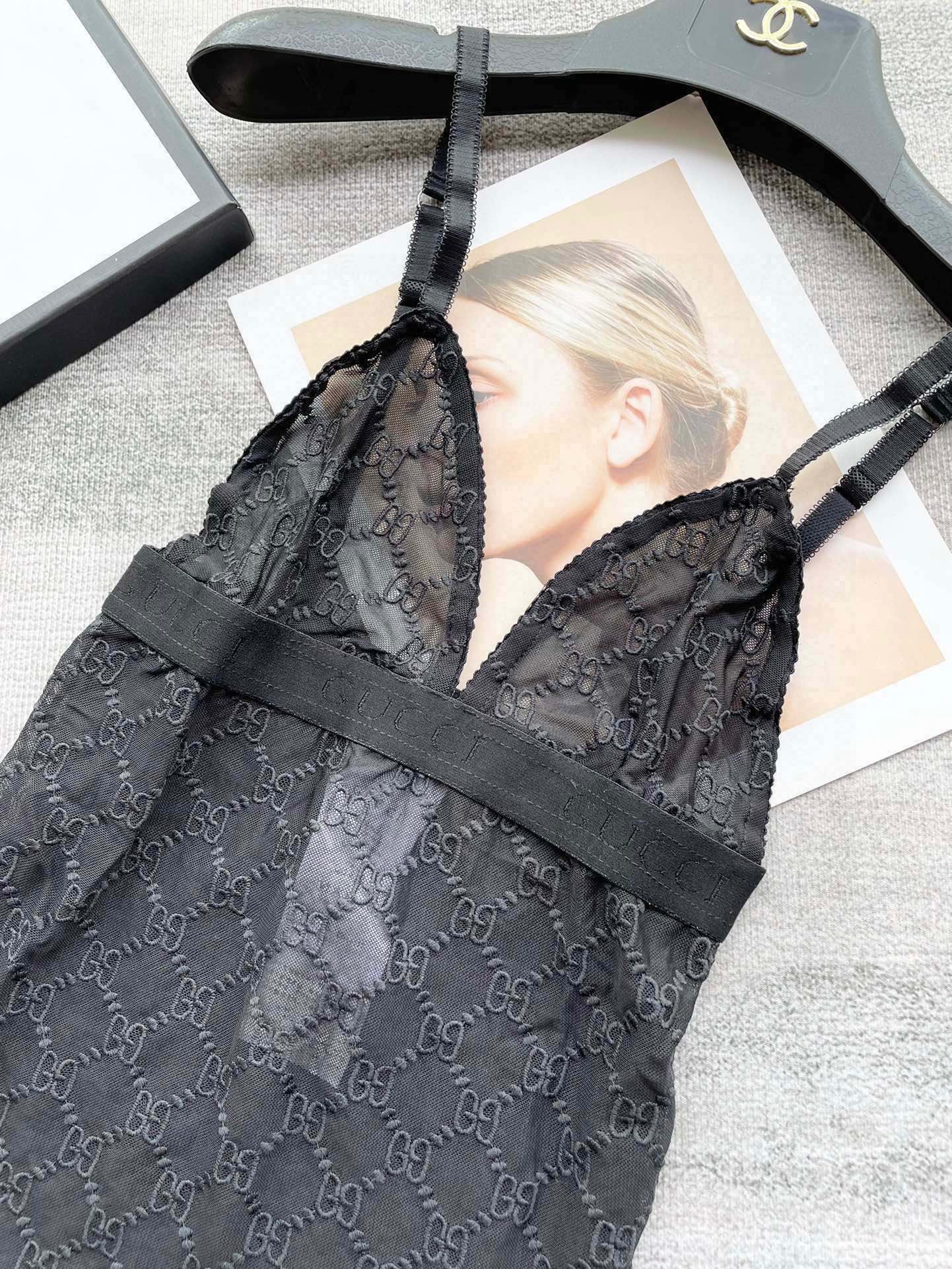 Gucci Letter Embroidered Mesh Camisole Semi-Sheer Sexy Swimsuit