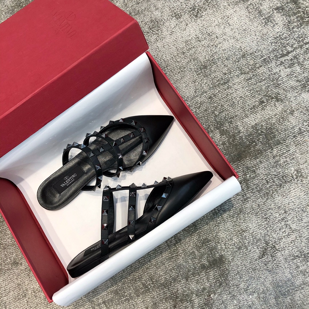 Valentino VT Collection Three Strap Flat Heel Slipper All Black