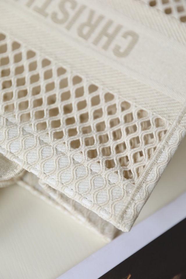 DIOR TOTE beige and white mesh fabric embroidery