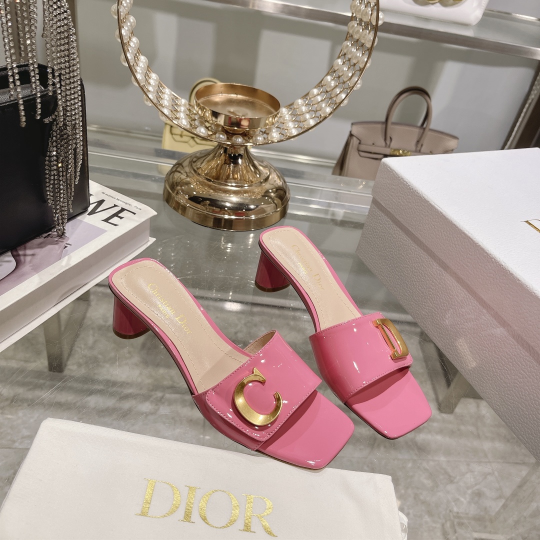 DIOR 2023 New early spring sandals Imported cow patent leather ➕ Korean suede Sheepskin lining 4.5cm Rose