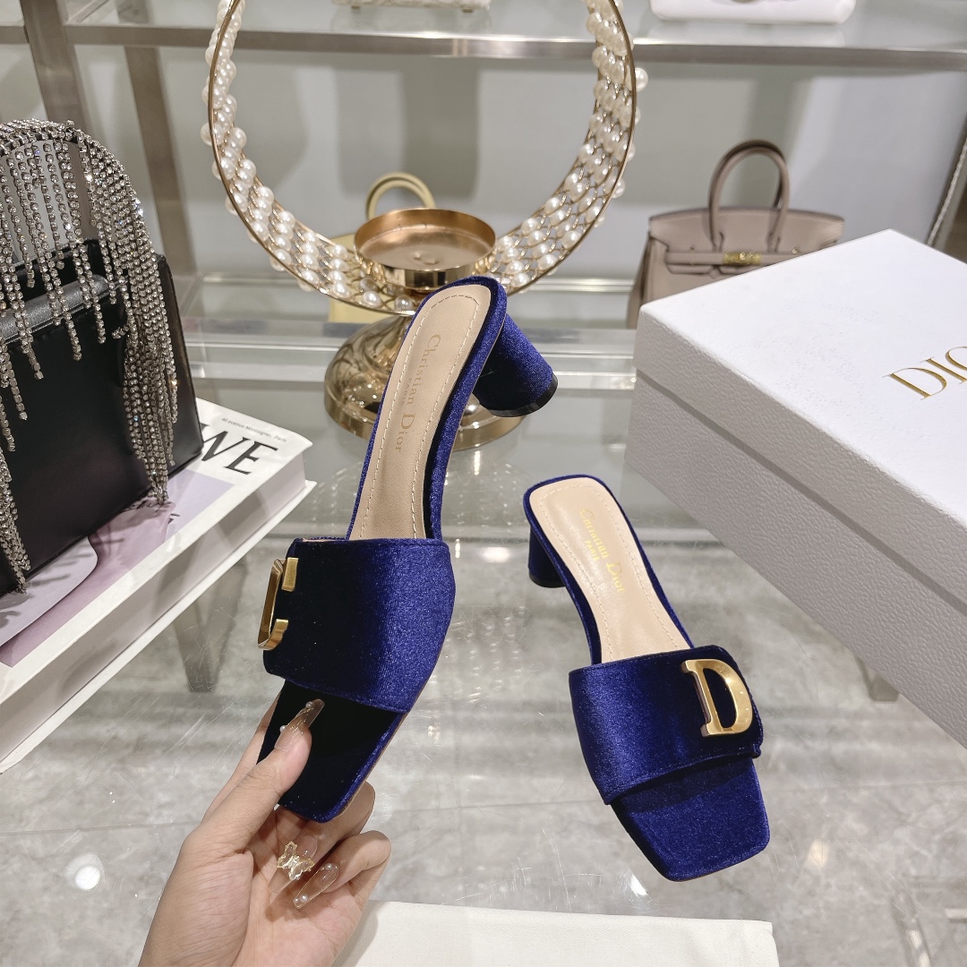 DIOR 2023 New early spring sandals Imported cow patent leather ➕ Korean suede Sheepskin lining 4.5cm blue