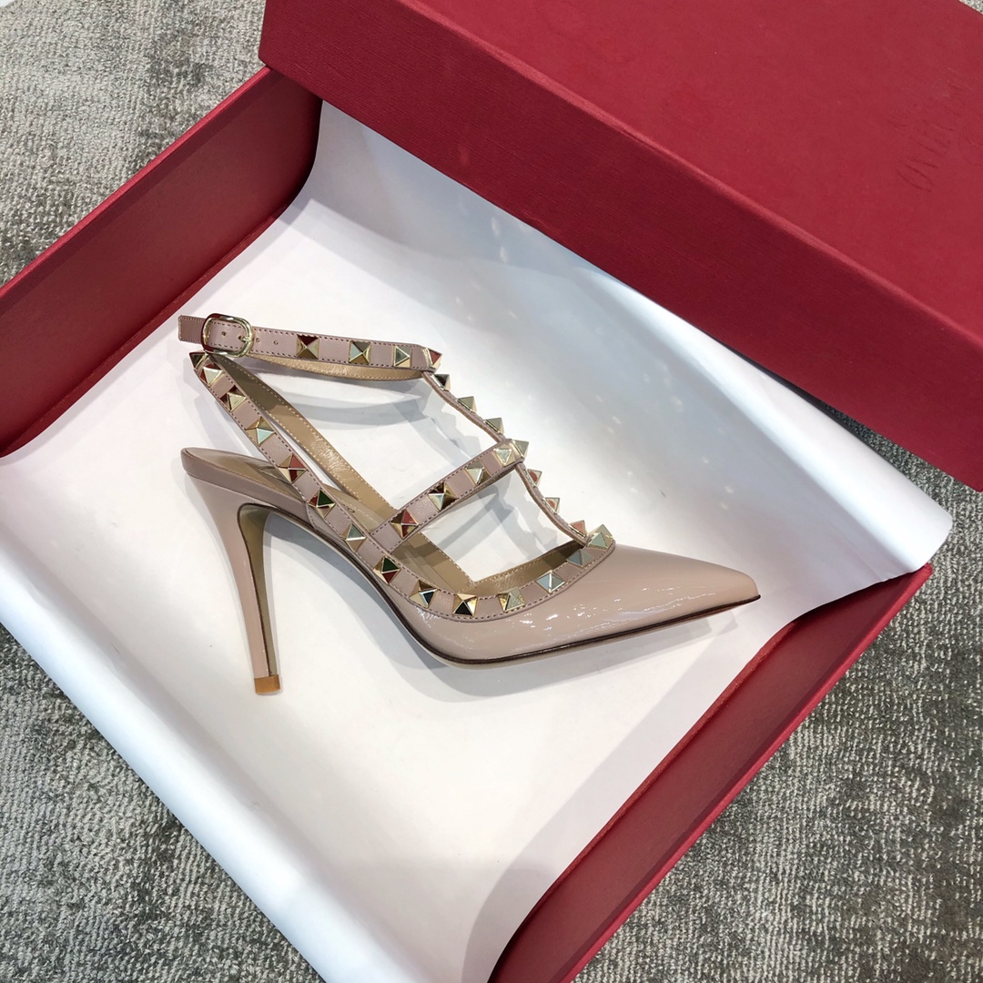 Valentino VT Collection Two Strap Mid Heel 10cm Patent Leather Nude Pink