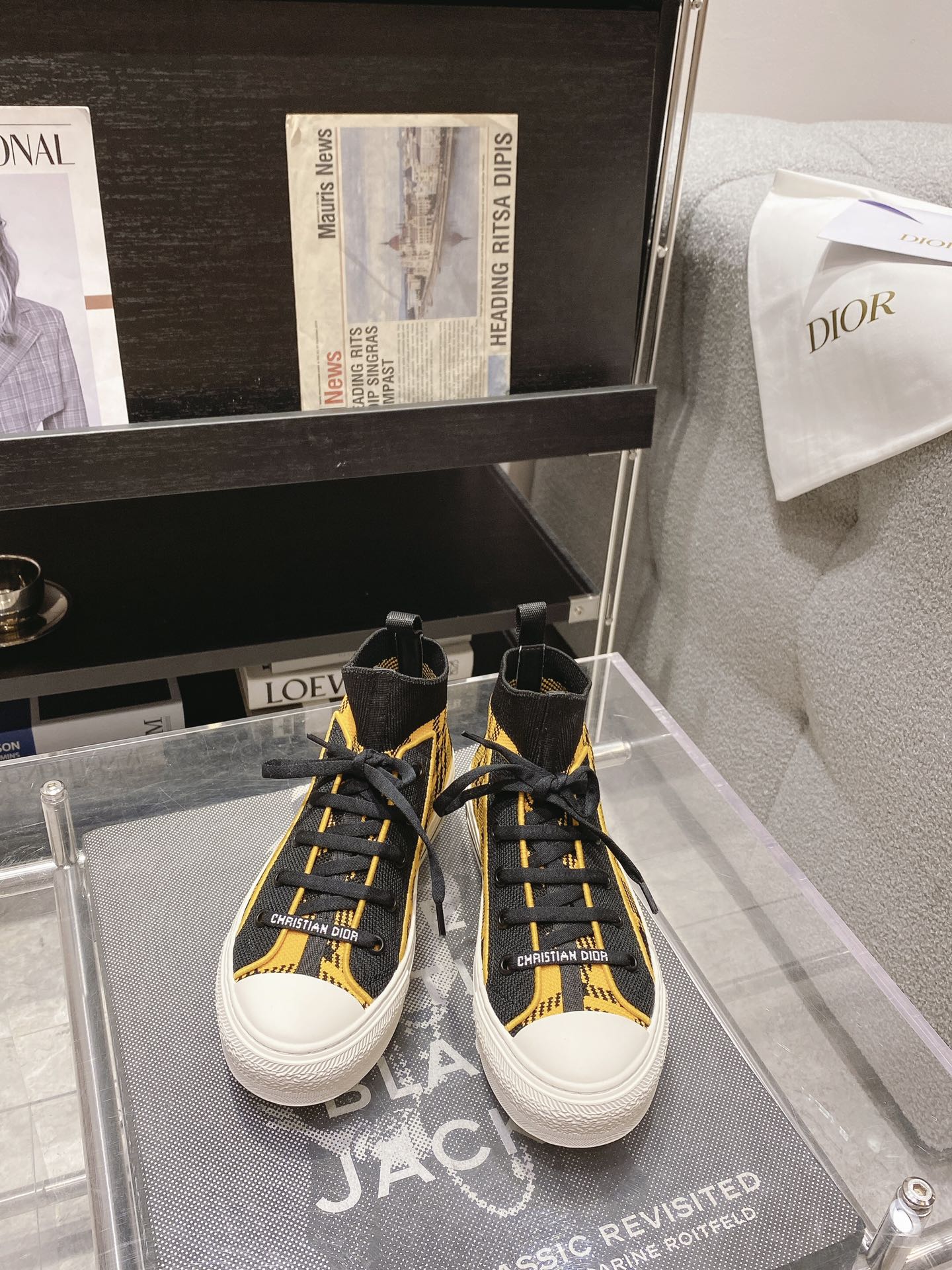 DIOR Rattan Check Casual High Top Board Shoes Fashion Board Shoes Yellow Black