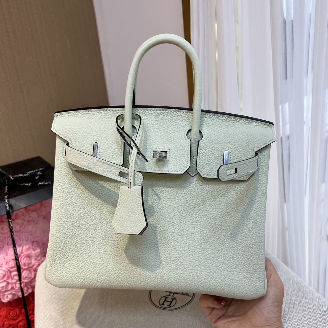 Birkin 25cm original imported Togo calfskin air bubble green silver buckle All handmade beeswax thread stitching