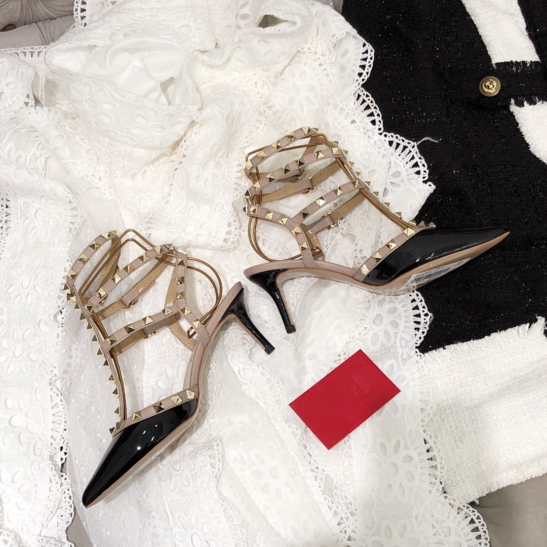 【Valentino】Valentino Valentino top version black patent leather 3 strap 6.5cm high heels