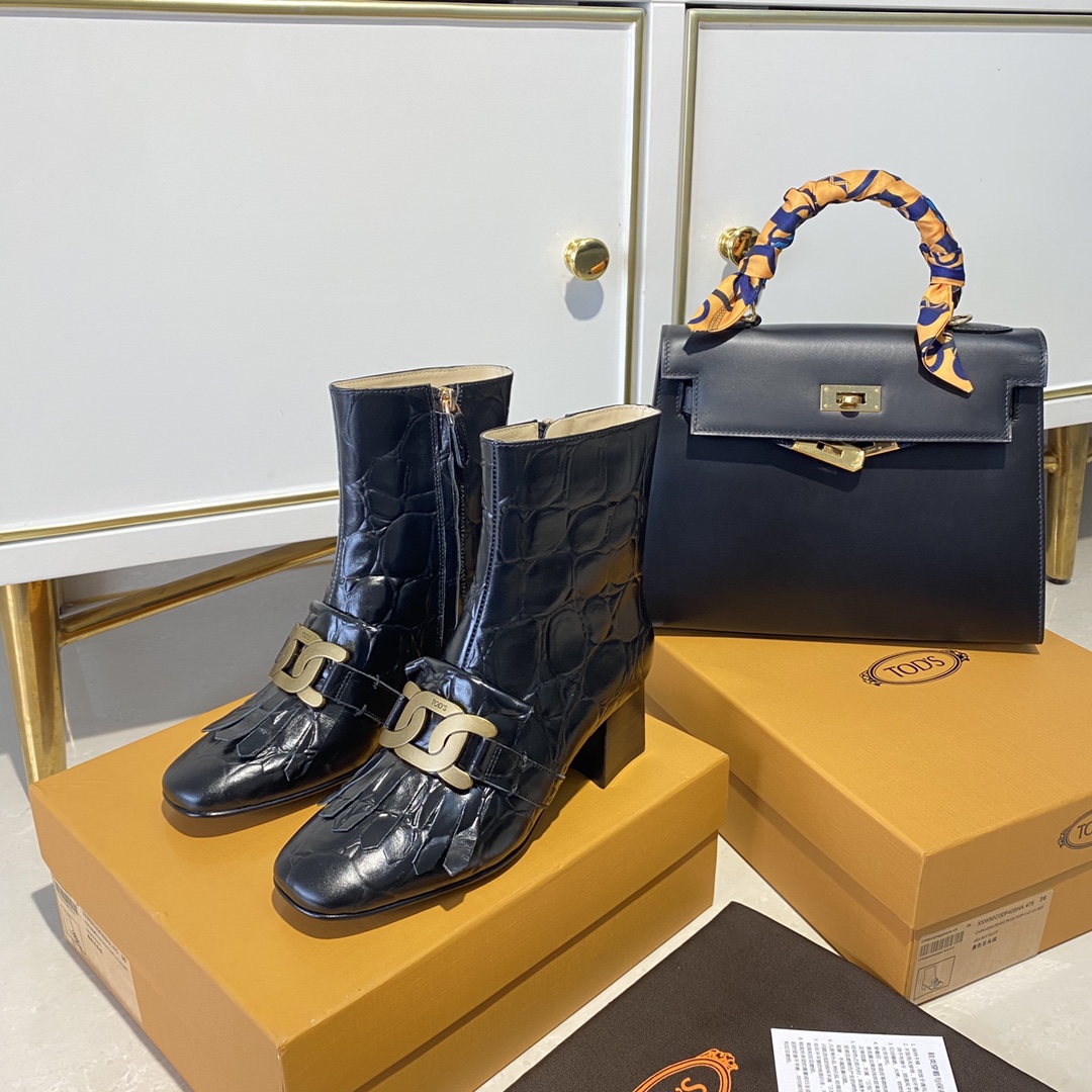 TOD'S 𝙏𝙊𝘿𝙎 Todds Thick heel short boots 2020 autumn and winter new women's shoes ladies cowhide fashion ankle boots