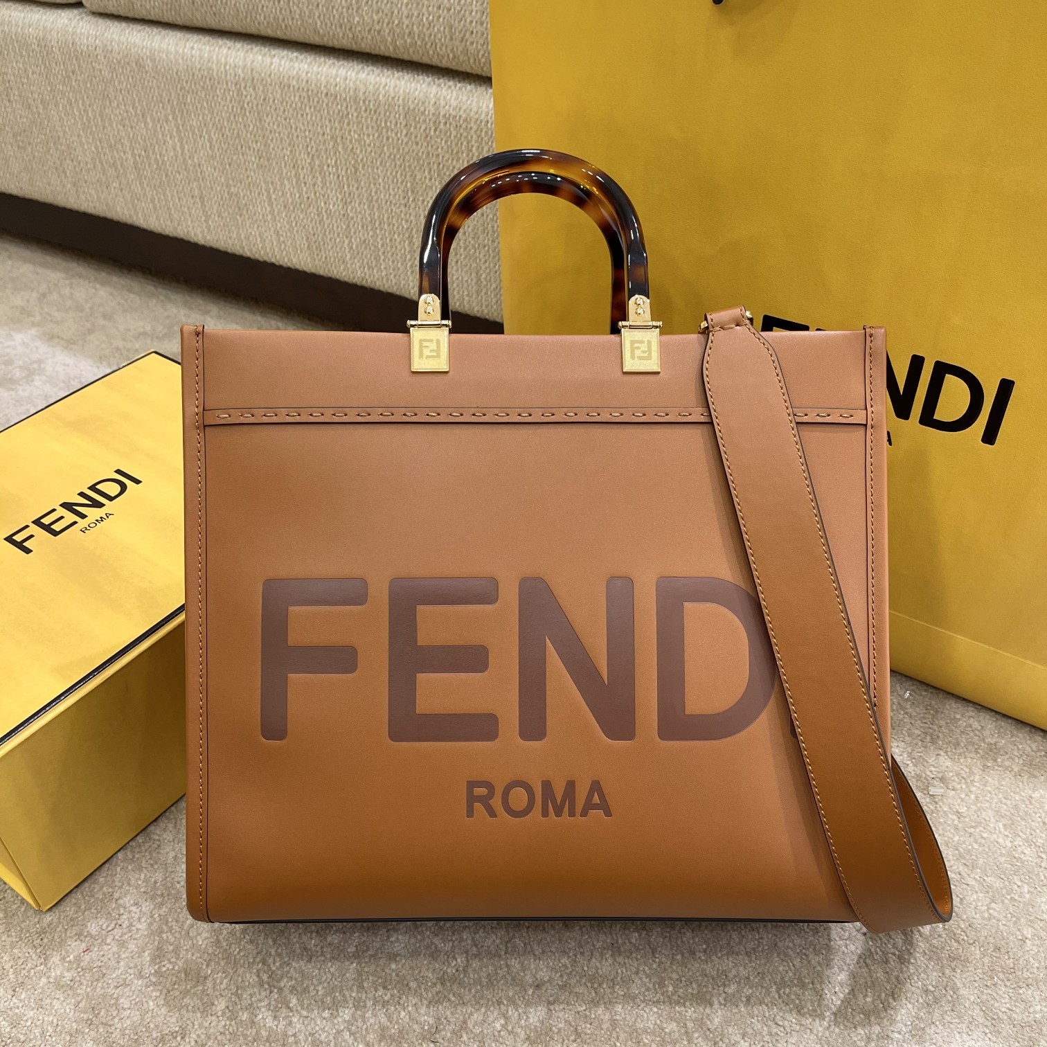 FENDI caramel small new size shine tote tote bag 