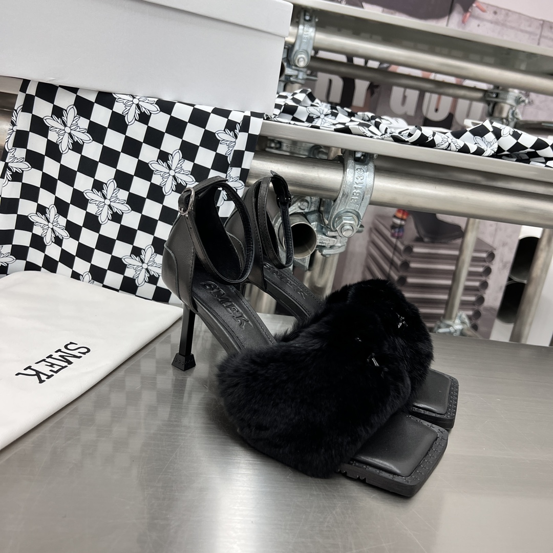 𝐒𝐌𝐅𝐊 ｜𝟐𝟎𝟐𝟐/𝐒𝐒 𝐧𝐞𝐰 SMFK 2022 Cross Flower First One Strap Thin Heel Cross Otter Rabbit Fur Sandals