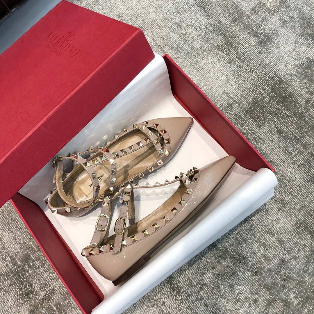 Valentino VT Two Strap Flats Patent Leather Nude Pink