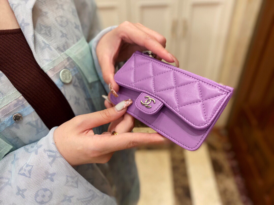 𝗖𝗛𝗔𝗘𝗡𝗟✦In exclusive channel special lambskin 🐑Classic zipper coin card case Taro purple💜