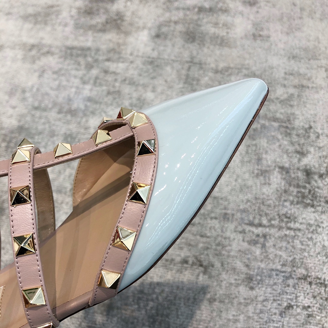 Valentino VT Collection Three Strap Flat Heel Slipper Patent Leather Blue